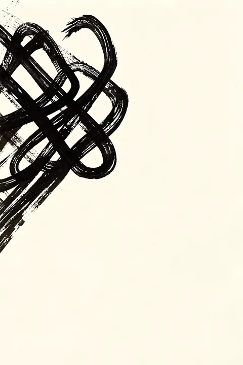 Atienne. A dense cluster of interlocking black brush loops fills the left side, leaving broad open space on cream.
