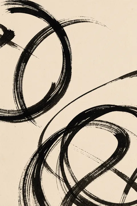 Atienne No2. Broad black brush loops and sweeping arcs cross and overlap across a warm ivory background.