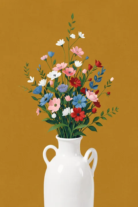 Autumn Bouquet. A colorful bouquet of small pink, white, blue, and red flowers fills a white handled vase against mustard yellow.