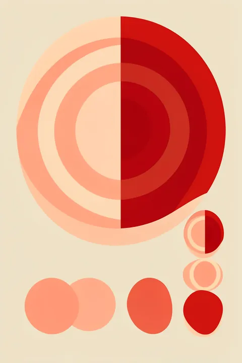 Bauhaus Circles. Concentric peach and red semicircular bands form a large split circle, with smaller matching circles arranged below on cream.