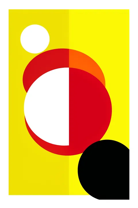 Bauhaus Geometric Circles. Large overlapping red, orange, white, and black circles sit on a bright yellow rectangular field.