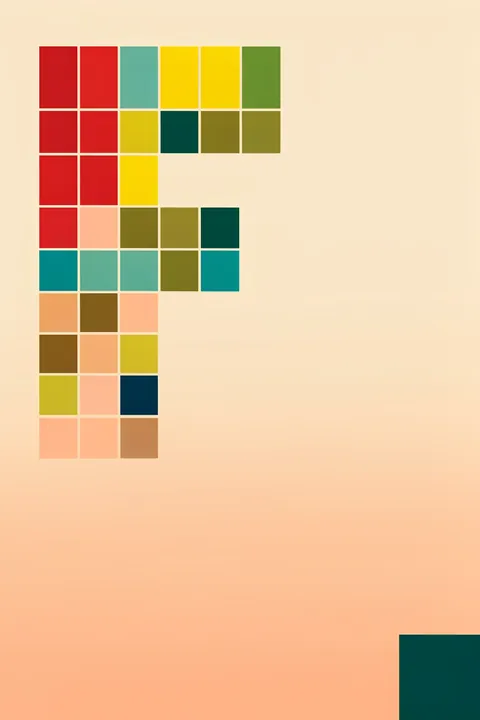 Bauhaus Geometry. A loose grid of red, yellow, teal, green, and ochre square blocks occupies the upper-left of a pale peach background.