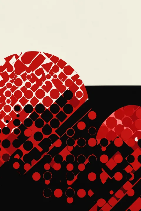 Bauhaus Red Dot Design. Red circles and geometric fragments overlap across a black lower field beneath a broad cream band.
