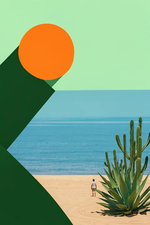 Beach Girl ii. A lone beachgoer stands beside a large agave on a sandy shore, with turquoise sea, an orange sun, and bold green forms.