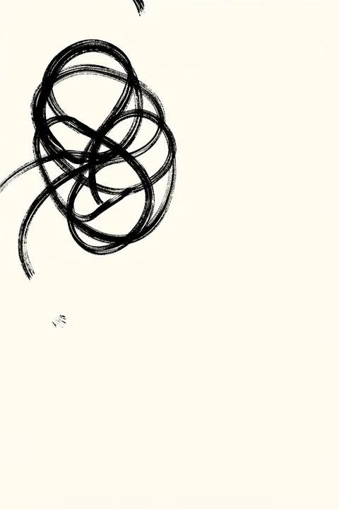 Black Abstract Lines. A cluster of interlocking black brush-drawn loops sits near the upper-left of a pale cream field.