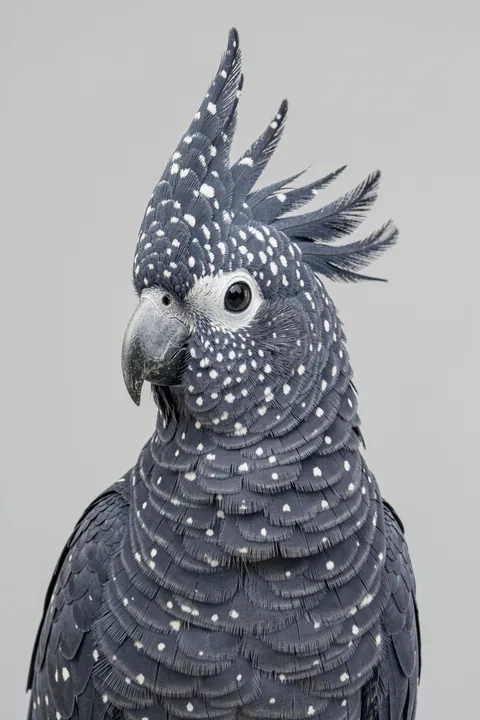Black Cockatoo. A gray cockatoo with a raised crest and pale dotted markings is shown in close-up against a light gray background.