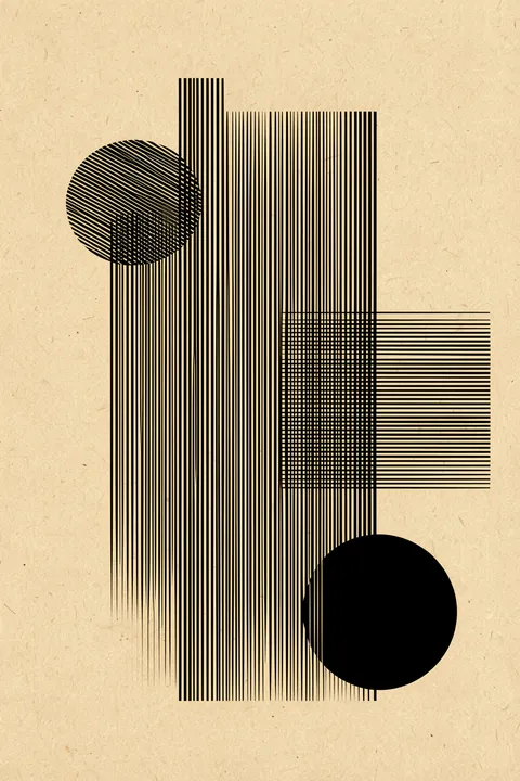 Black Lines And Circle. Fine black vertical and horizontal lines form layered grids around one striped circle and one solid black circle on textured tan.
