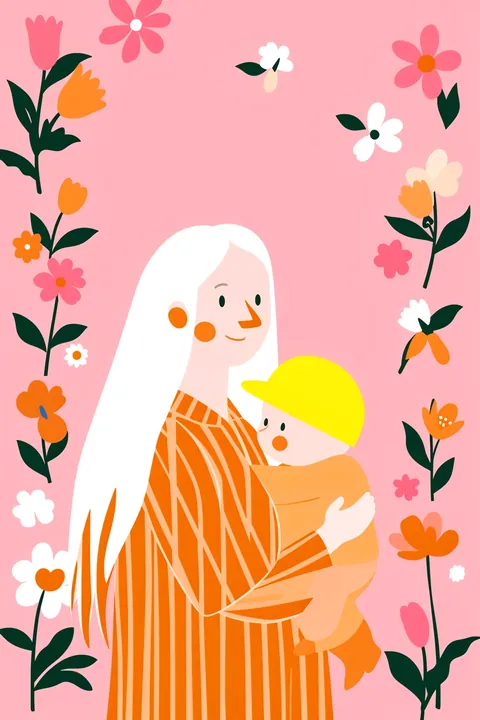 Blooming Motherhood. An illustrated long-haired woman holds a small child amid scattered colorful flowers on a pink background.