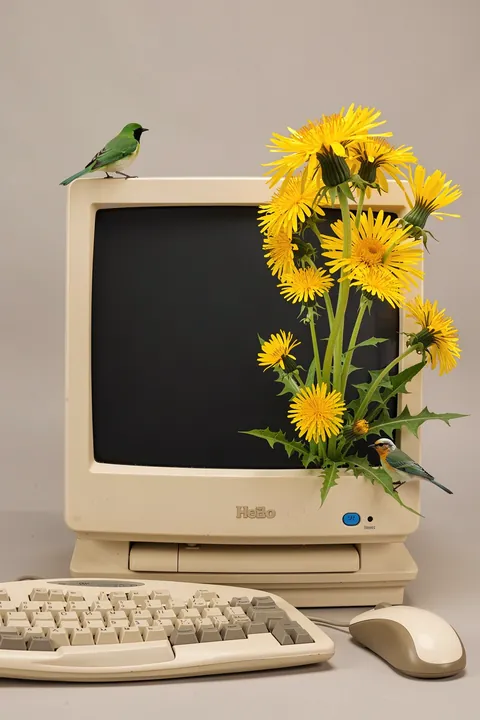 Blossoming Old Computer. Yellow flowers grow across a vintage desktop computer beside a keyboard and mouse, with small birds perched nearby.