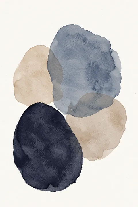 Blue Brown Blocks. Four overlapping irregular watercolor shapes in slate blue, navy, and warm beige sit on white.