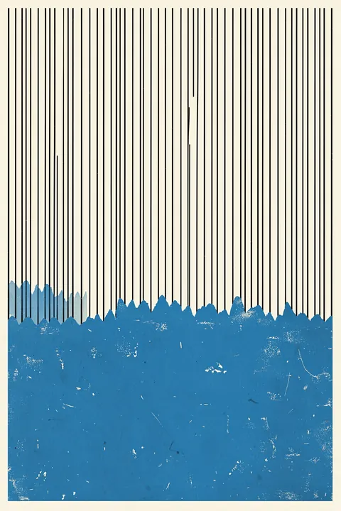 Blue Line Harmony. Fine black vertical lines descend toward a textured blue band that forms an abstract landscape along the lower edge.
