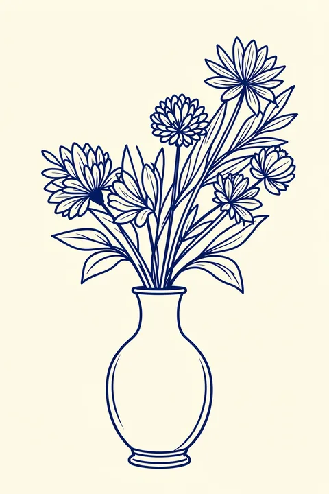 Blue Vase Bouquet. A dark-blue line drawing shows a full bouquet of flowers arranged in a vase on pale cream.