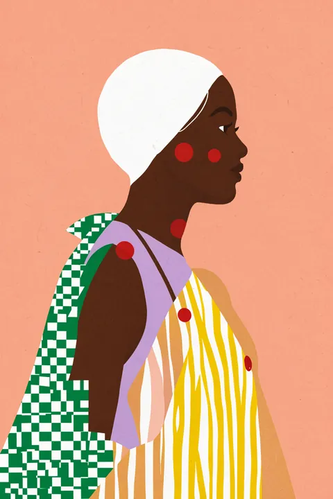 Bold Fashion Portrait. A profile portrait of a dark-skinned woman in a white headwrap and colorful patterned clothing appears on coral pink, accented by red circles.