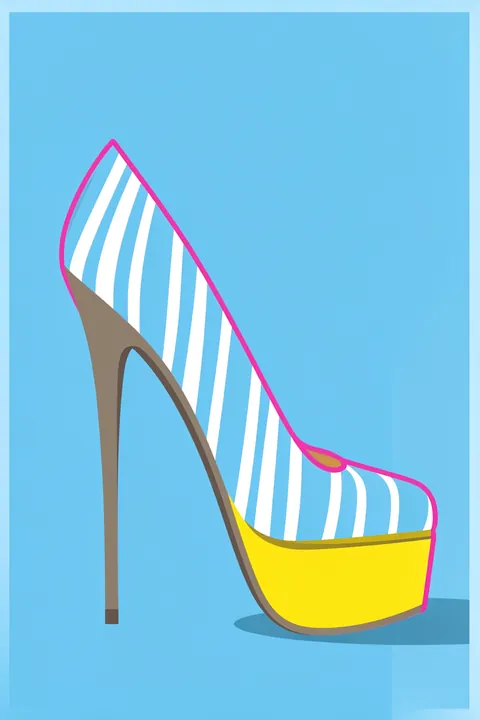 Bold Platform Shoe. A stylized platform high-heel combines blue and white stripes, a bright yellow sole, and a pink edge against blue.