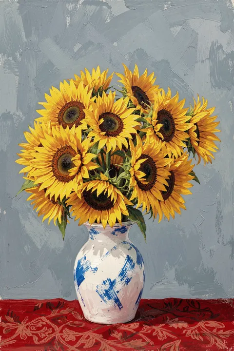 Bouquet Of Sunflowers. Painterly yellow sunflowers fill a blue-and-white vase set against a gray wall and red tabletop.