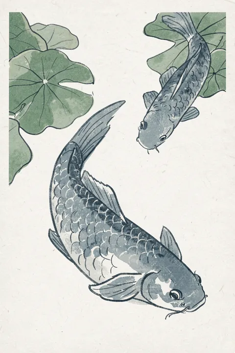 Carp Or Koi. Two gray-blue koi swim among broad green lily pads on lightly textured cream paper.