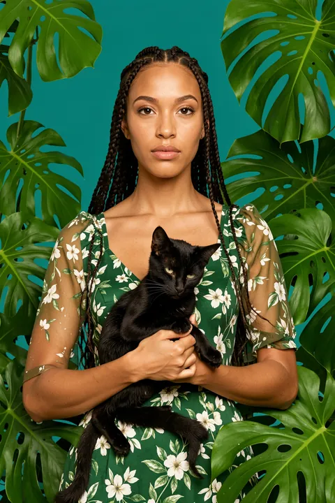 Cat Lover. A woman with long braids holds a black cat, framed by large glossy monstera leaves against teal.
