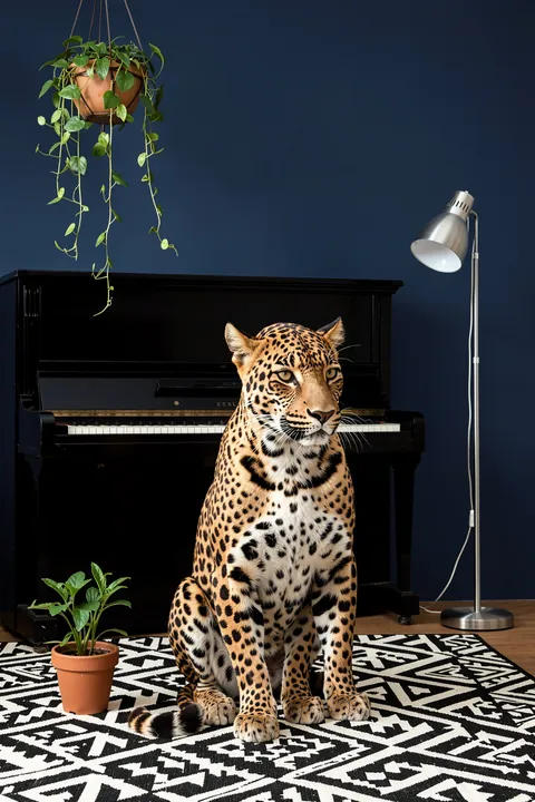 Cheetah By The Piano. A seated cheetah faces forward in front of a black piano, with a hanging plant, floor lamp, and patterned rug in a dark room.