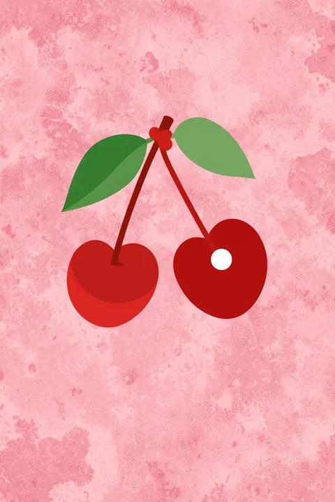 Cherry Boobs. Two bright red cherries with green leaves and stems are centered on a textured pink background.