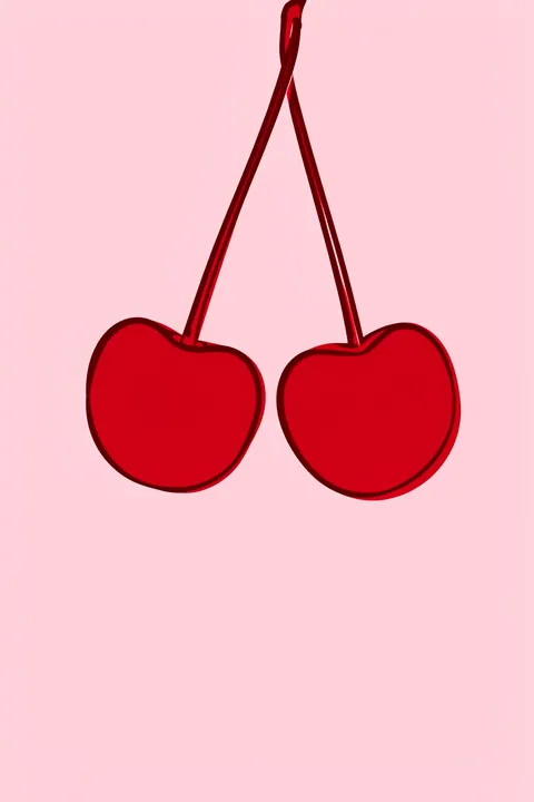 Cherry Duo Delight. Two outlined red cherries hang by long stems against a plain pale-pink background.