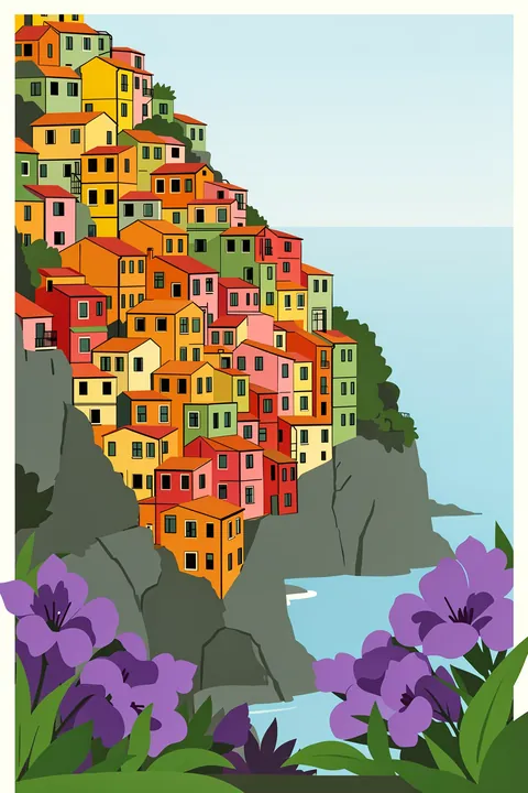 Cinque Terre, Italy. Colorful tightly packed houses climb a rocky seaside slope above pale-blue water, framed by purple flowers and green leaves.