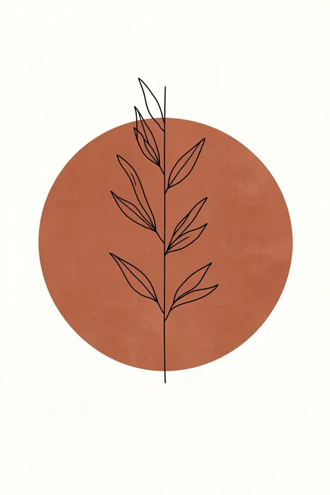 Circle and Vine. A thin black line drawing of a leafy stem stands over a large rust-colored circle on an off-white background.