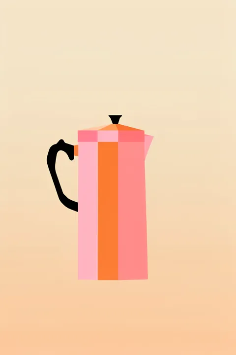 Colorful Moka Pot Espresso. A tall geometric moka pot in pink, coral, and orange stands against a warm pale-yellow background.
