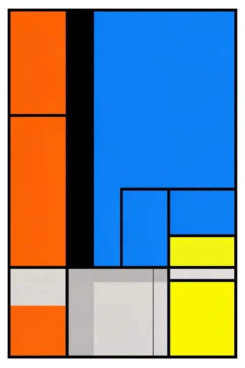 Composition with Large Blue Plane, Red, Black, Yellow, and Gray 1921. Black grid lines divide vivid blue, orange, yellow, white, and gray rectangular fields in a bold geometric composition.