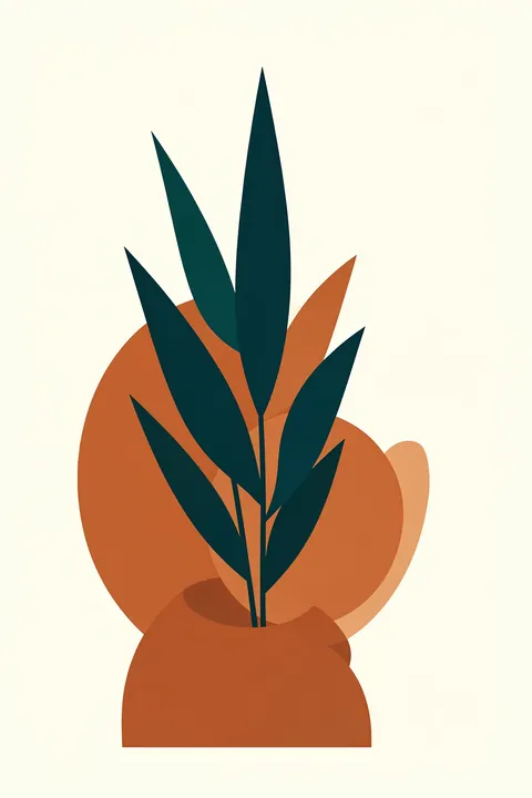 Copenhagen 1978 No.7. Tall dark-teal leaves rise from a rounded rust-colored pot, backed by overlapping circles in warm orange and brown.