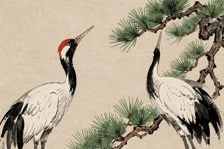 Cranes From Momoyogusa. Two white cranes with black neck markings stand among pine branches on textured beige paper.