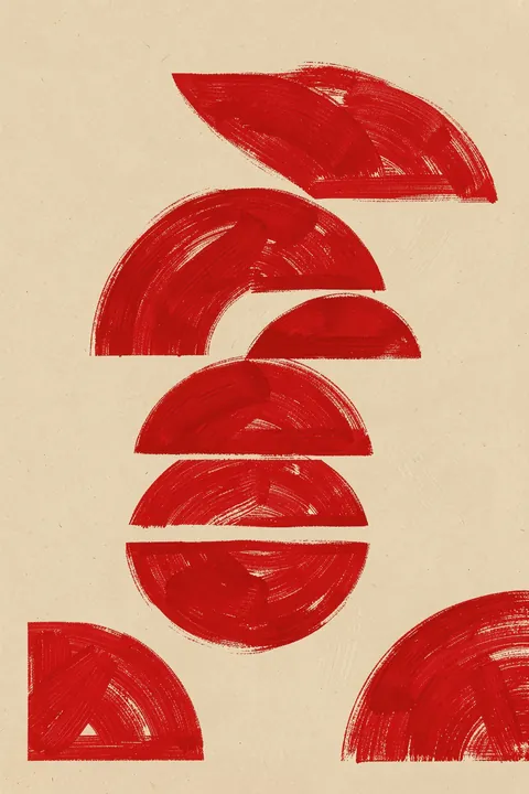 Crimson Symmetry. Several separated crimson brush-painted arcs, semicircles, and a circle form a vertical arrangement on textured beige.