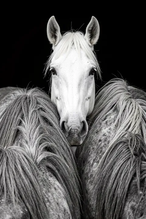 Curious Horse Peeking. A white horse looks forward from among the manes of other horses against a dark background in a monochrome photograph.