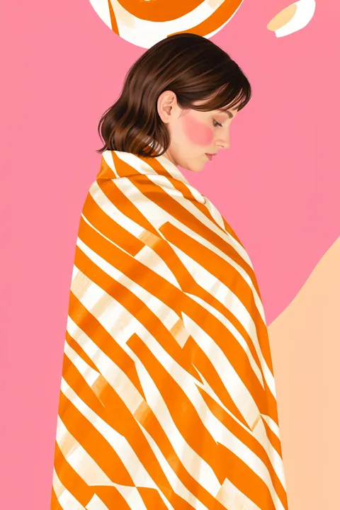 Dreamy Pink Portrait. A woman with closed eyes wears a bold orange-and-white striped garment against a bright pink background.