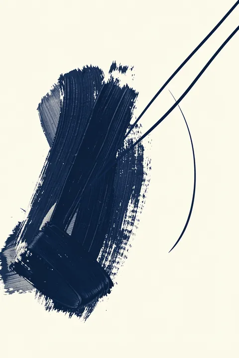 Dynamic Indigo Strokes. Deep-indigo brushstrokes overlap with thin curved lines on an off-white background.
