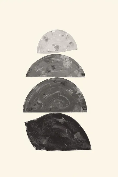 Earthy Abstract Balance. Four textured gray semicircle and arc forms are stacked vertically on pale cream.
