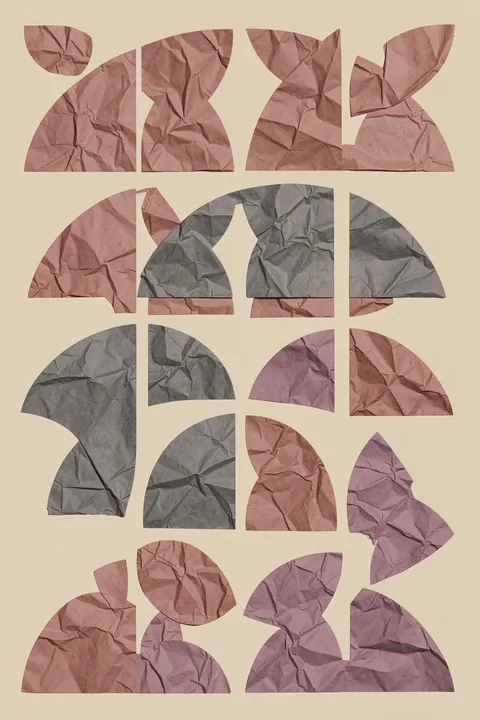 Earthy Geometric Forms. A grid of crumpled-paper geometric shapes in dusty pink and charcoal fills a pale beige field.