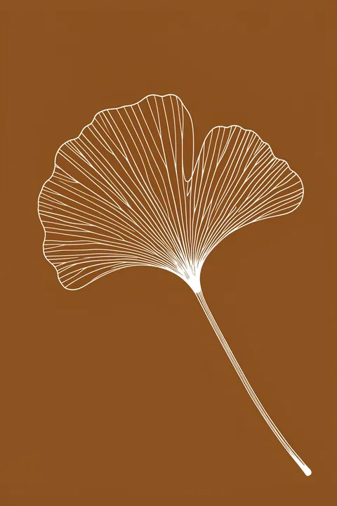 Elegant Ginkgo Leaf. A single white line drawing traces the fan-shaped veins and long stem of a ginkgo leaf on a solid brown background.
