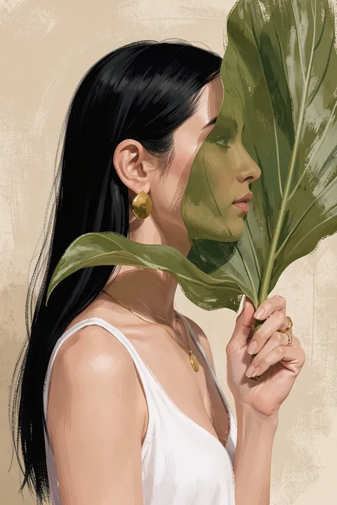Elegant Woman Tropical Leaves. A woman with long dark hair holds a large green tropical leaf in front of her face against textured beige.