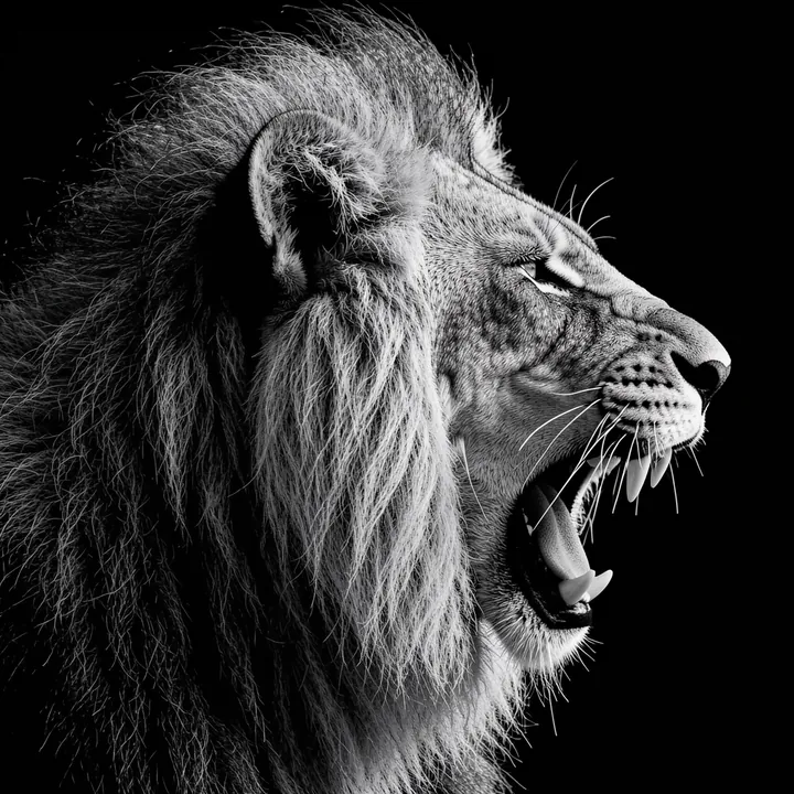 Fierce Roaring Lion. A roaring lion in close profile is rendered in black and white against a solid black background.