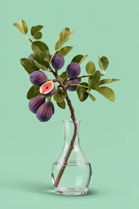 Figs Branch In Vase. A leafy fig branch bearing several purple figs, including one cut open, stands in a clear glass vase against mint green.