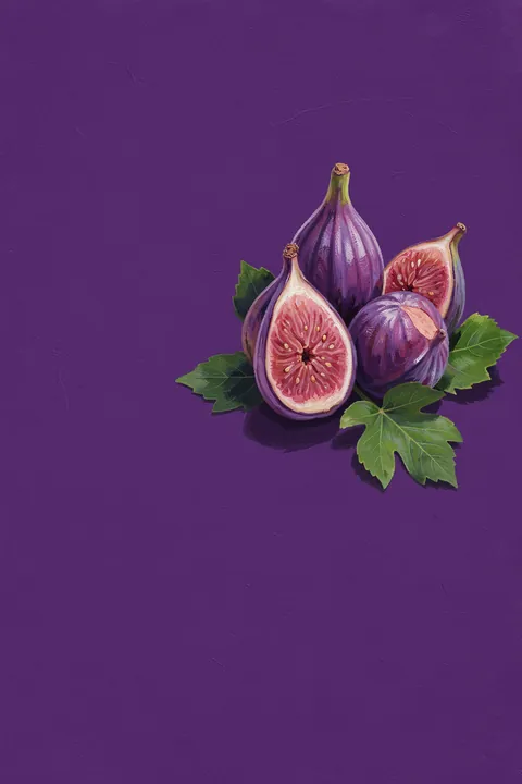 Figs Stil Life. Several whole and halved purple figs with green leaves form a still life on a deep-purple background.