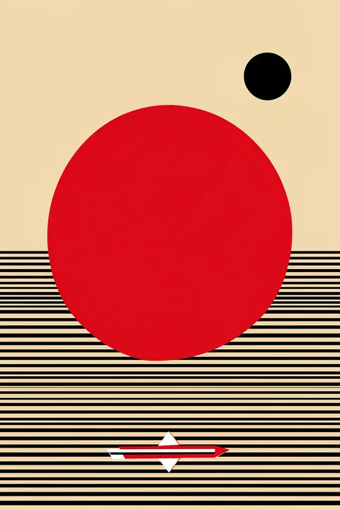 Floating Horizons. A large red circle, a smaller black circle, and a small red-and-white boat sit above horizontal black-and-cream stripes.