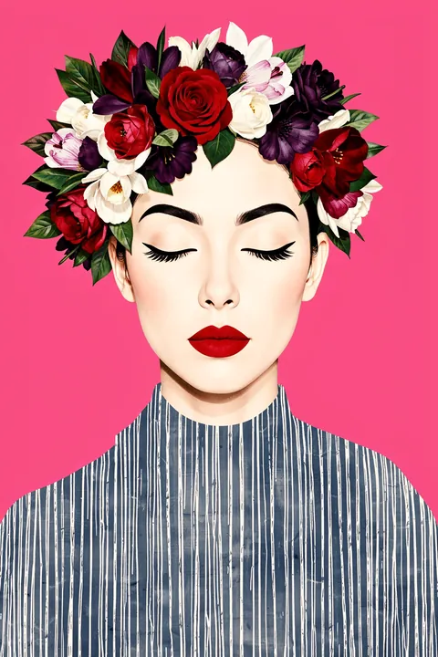 Floral Serenity. A woman with closed eyes wears a crown of red, white, and deep-purple flowers against bright pink.