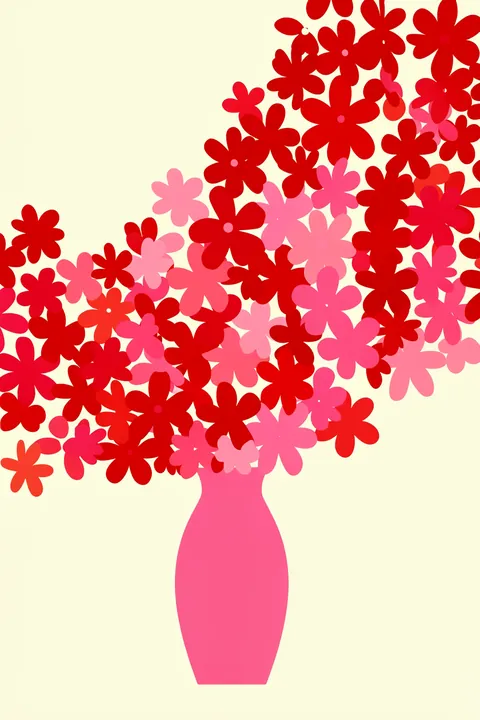 Flower Market. Paris. A tall pink vase holds a dense arrangement of bright red and pink stylized flowers on pale yellow.