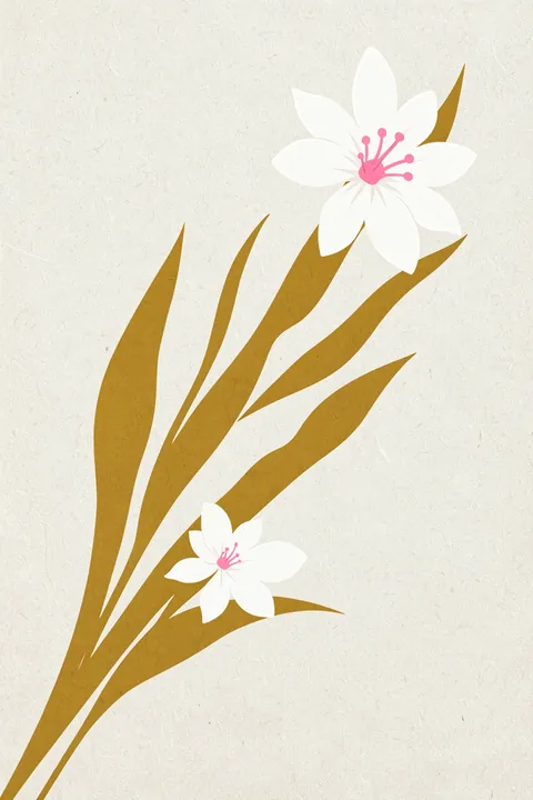 Flowerflowerflower. Two simple white flowers with pink centers rise among long golden-brown leaves on textured ivory.