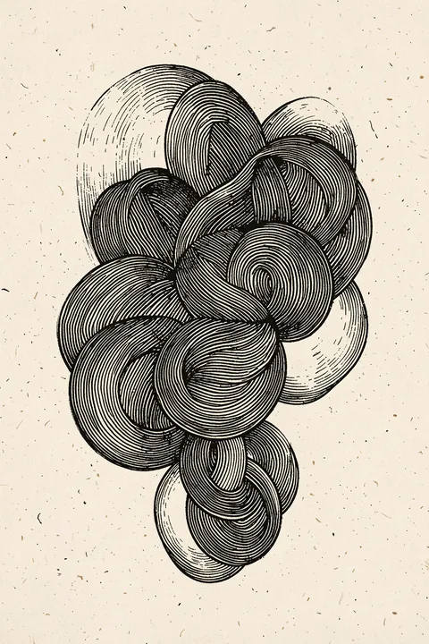 Fluid Echoes. A dense vertical cluster of overlapping black contour-lined circles and oval forms sits on textured ivory.