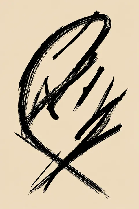Fluid Line Dance. Broad black brush arcs and angular strokes cross in a loose composition on pale beige.