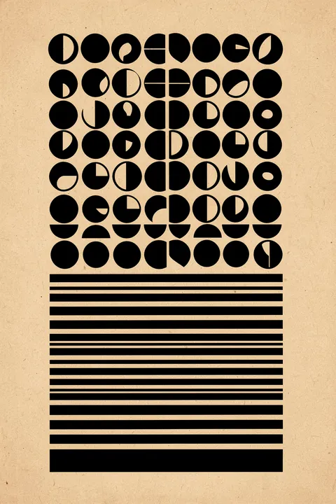 Geometric Balance. Rows of black circles and cutout semicircle forms sit above a stack of horizontal black bars on textured tan.