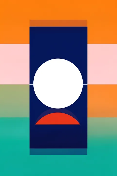 Geometric Color Block. A tall navy rectangle with a large white circle and red semicircle is framed by horizontal orange, pink, green, and teal bands.