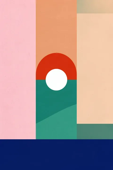 Geometric Color Blocking. A red semicircle and white circle sit over teal bands within vertical pink, peach, and cream panels above a deep-navy base.
